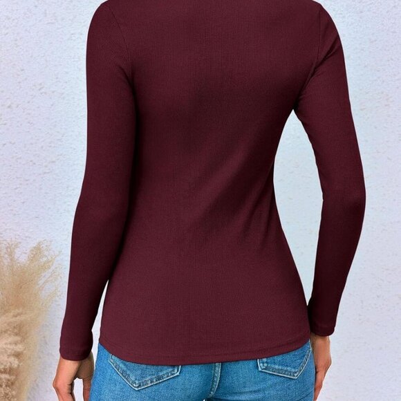 Women's Ribbed Knit Long Sleeve V-Neck Top Casual Slim Fit Shirt - Picture 4 of 5